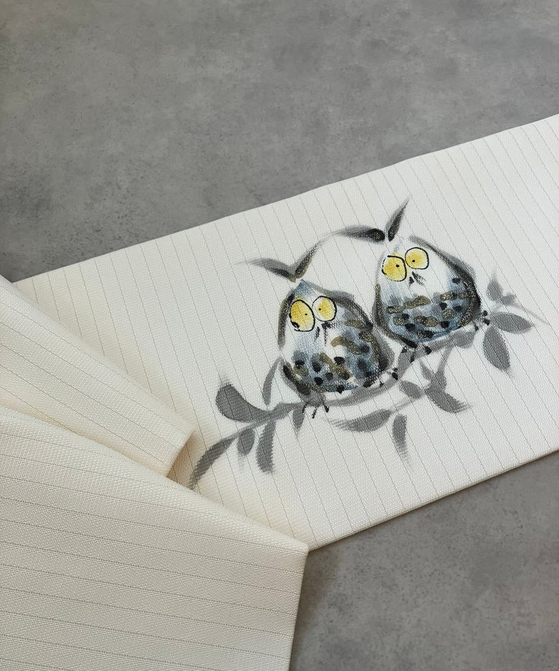 フクロウ刺繍 夏用 袋帯 汚れ無し！白地の帯 フクロウ刺繍 夏用 袋帯 汚れ
