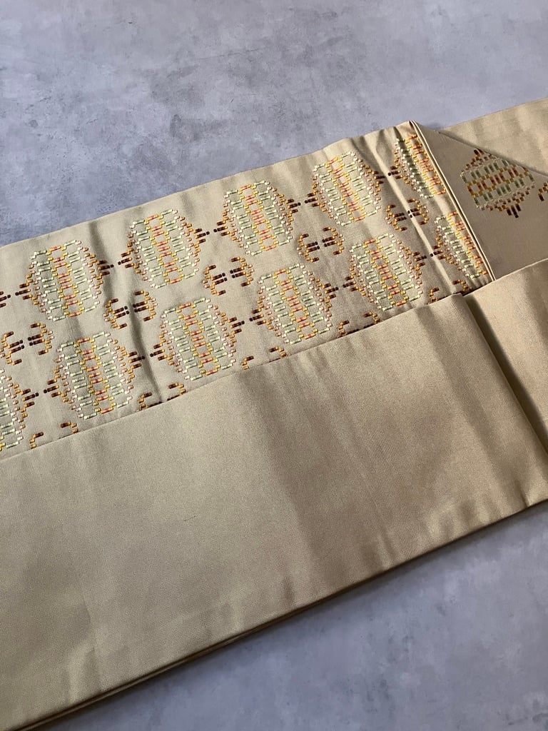 購入者ページ素敵な花織●名古屋帯●正絹●369.5㎝●長尺 首里花織 名古屋帯 正絹 琉球織物×幾何学文様 柔らかな黄色