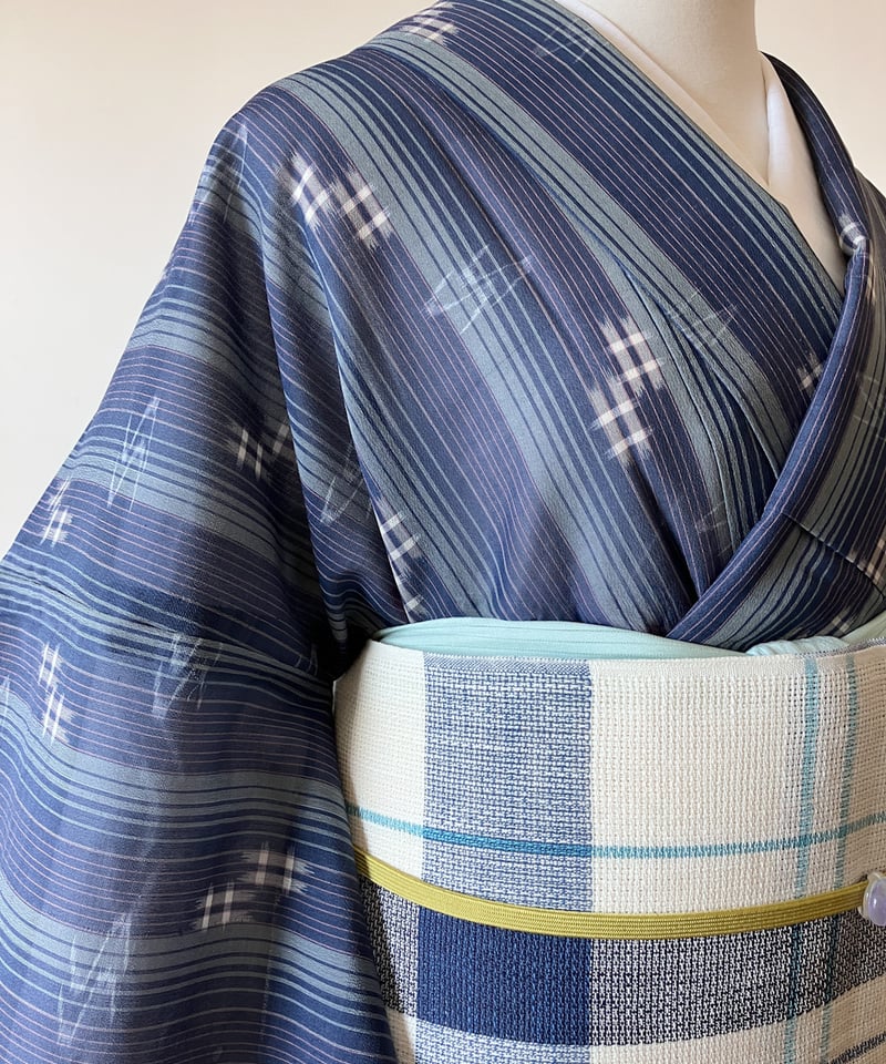 夏琉球 夏着物 琉球絣 縞文様 ネイビー×ブルー 正絹［K126］ | kimono