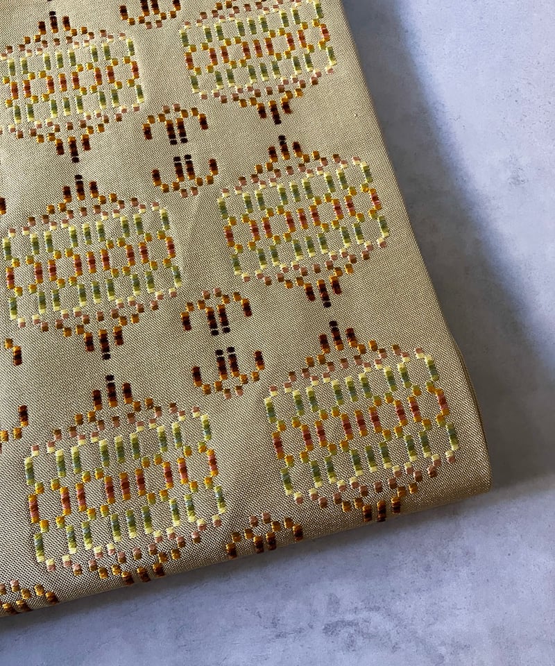 首里花織 名古屋帯 正絹 横段 イ6111 首里花織 名古屋帯 正絹 琉球織物×幾何学文様 柔らかな黄色