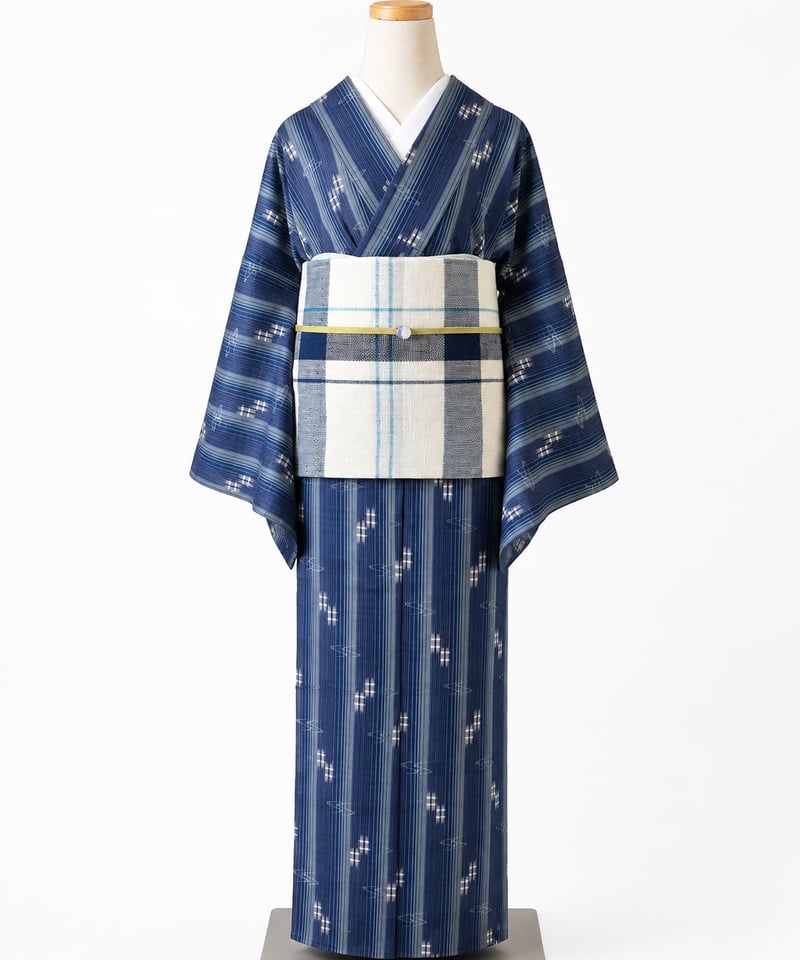 夏琉球 夏着物 琉球絣 縞文様 ネイビー×ブルー 正絹［K126］ | kimono