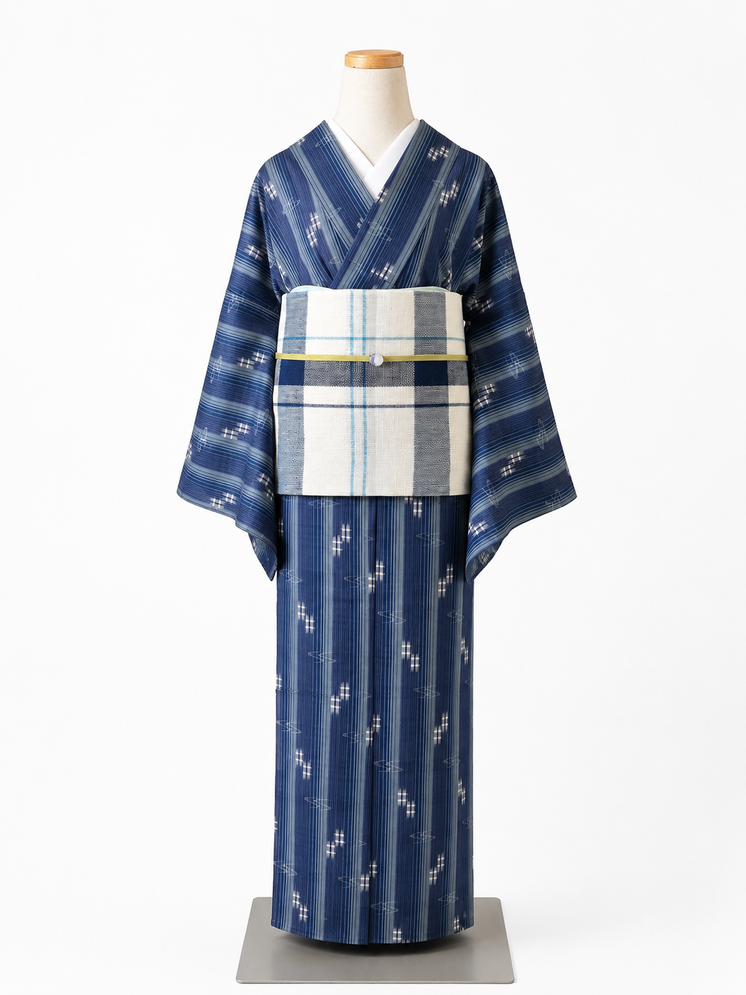 夏琉球 夏着物 琉球絣 縞文様 ネイビー×ブルー 正絹［K126］ | kimono