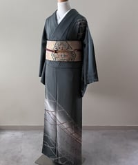 藍色 絞り縞模様 袷紬 正絹 大きめサイズ［K178］ | kimono ulala