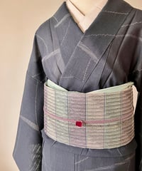 格子柄 単衣紬 ベージュ×紺［K157］ | kimono ulala