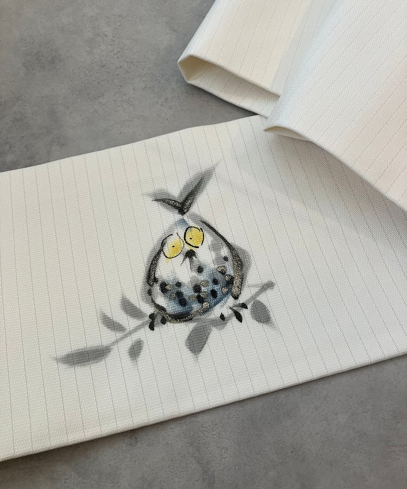 フクロウ刺繍 夏用 袋帯 汚れ無し！白地の帯 フクロウ刺繍 夏用 袋帯 汚れ