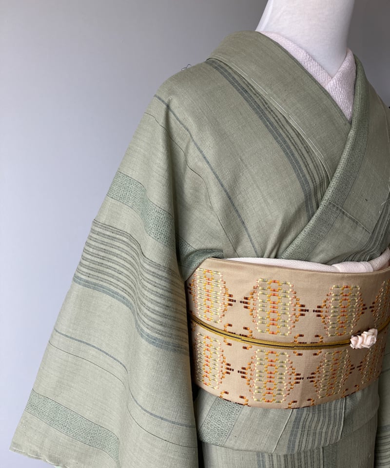 淡青緑の繊細縞 本場結城紬 大きめサイズ［K173］ | kimono ulala