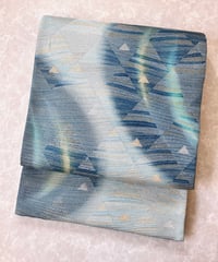 猫柄 名古屋帯 正絹 未使用品 白緑 薄青磁 シルエット猫と三毛猫の