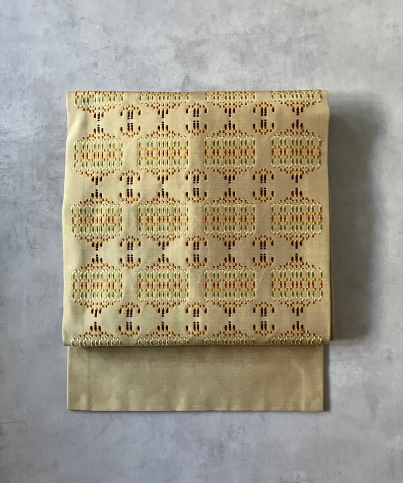 GP-3 名古屋帯 花織 卵色系　幾何学模様　ポイント柄　紬 GP-3 名古屋帯 花織 卵色系 幾何学模様 ポイント柄 紬