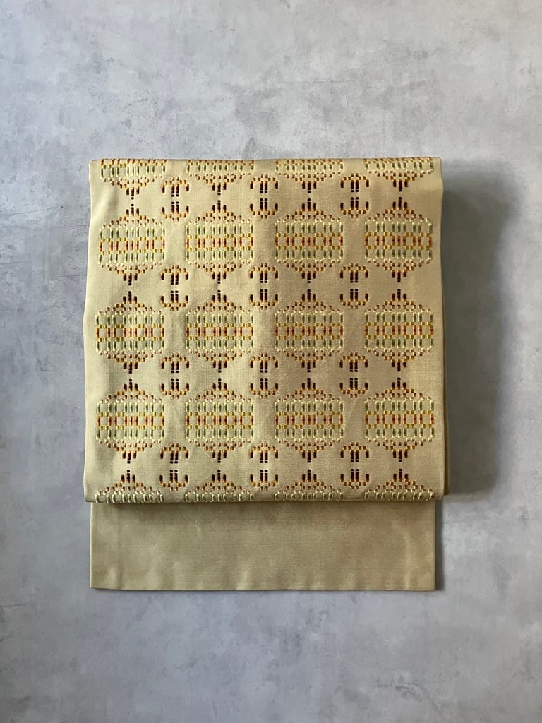 首里花織 名古屋帯 正絹 琉球織物×幾何学文様 柔らかな黄色［N131