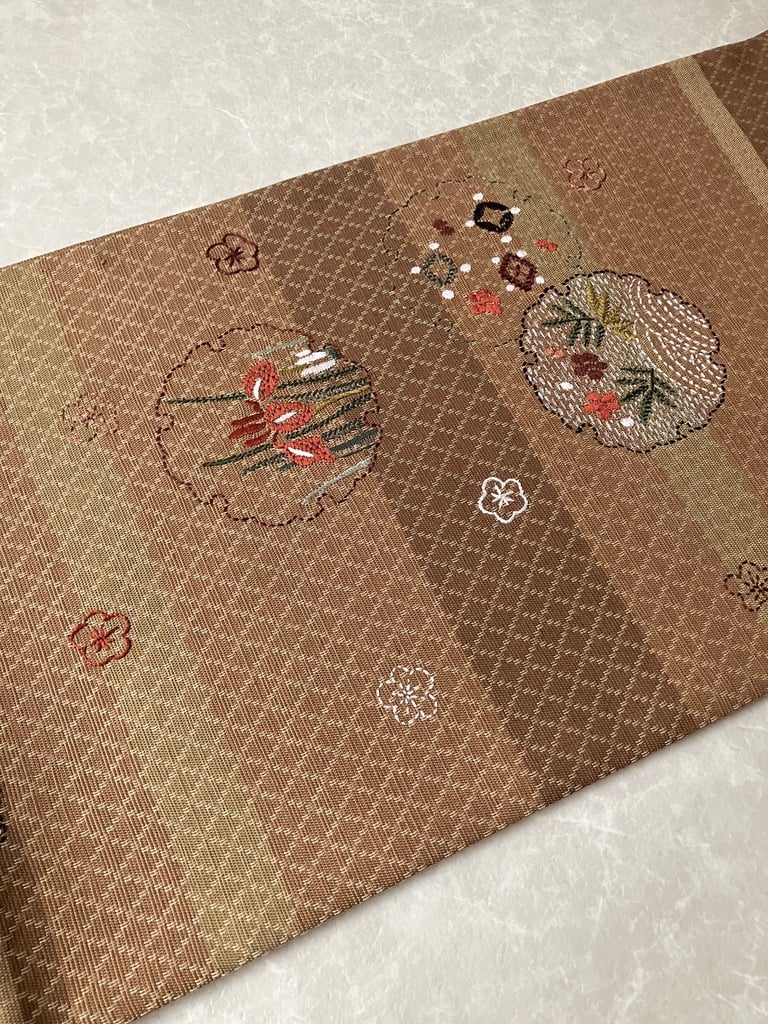 高級 袋帯 正絹 六通柄 螺鈿細工 汕頭刺繍 駒刺繍 ブロンズ ブラウン 訪問着 高級 袋帯 正絹 六通柄 螺鈿細工 汕頭刺繍 駒刺繍 ブロンズ