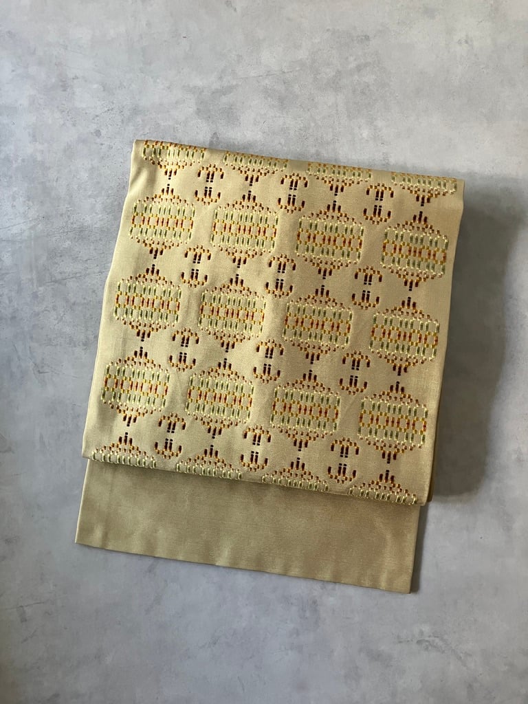 首里花織 名古屋帯 正絹 琉球織物×幾何学文様 柔らかな黄色［N131