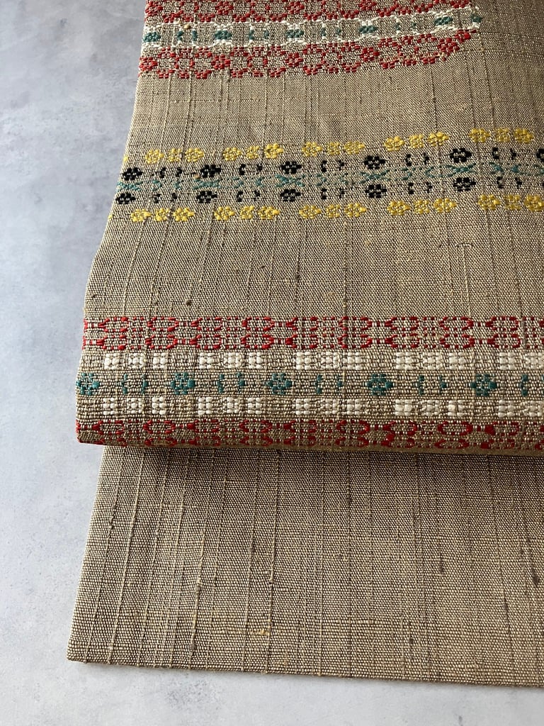 伝統工芸 伊那紬】名古屋帯 茶地×彩り横段文様 正絹手織り 希少な逸品