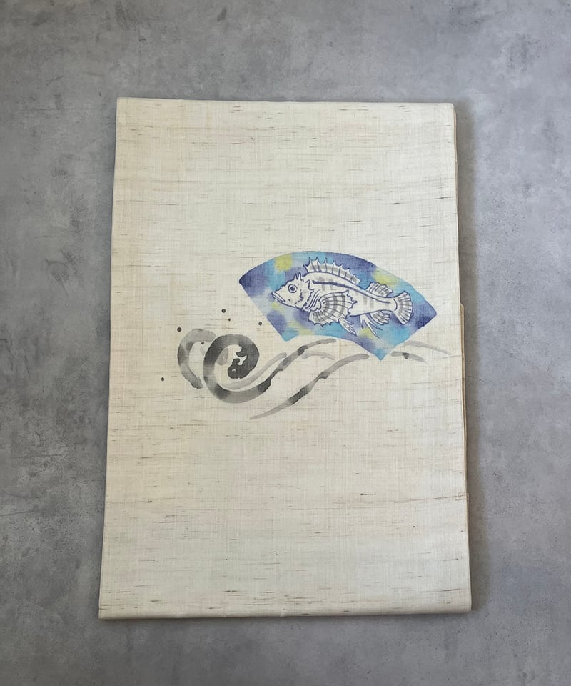 生成り地×青藍 波に魚文 扇面柄 麻地名古屋帯 桐生織物［N157