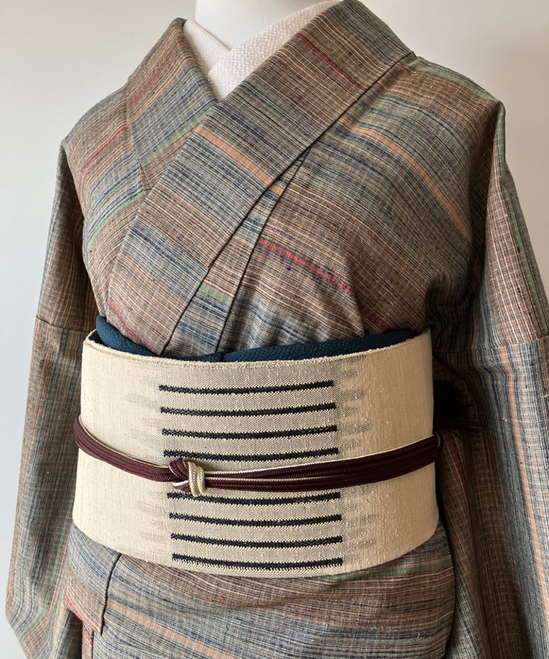 希少】郡上紬 着物 多色縞模様 正絹 手織り カジュアル普段着 サイズ