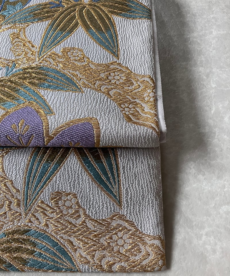 セミアンティーク　袋帯　唐織　梅花　リーフ模様　金糸　銀糸　着物　044a p セミアンティーク 袋帯 唐織 梅花 リーフ模様 金糸 銀糸 着物 044a p