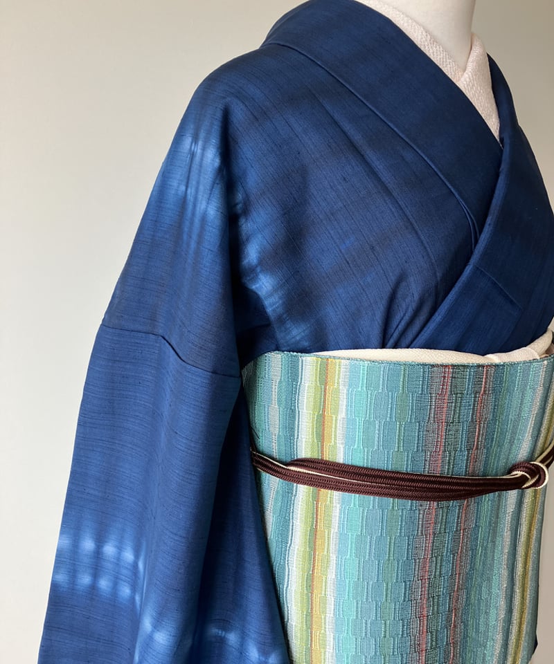 藍色 絞り縞模様 袷紬 正絹 大きめサイズ［K178］ | kimono ulala