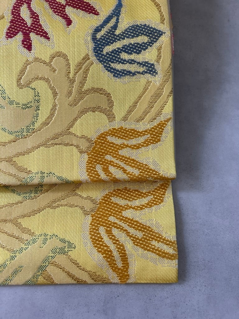 名古屋帯 花模様 松の木 黄唐茶色 PO-3036