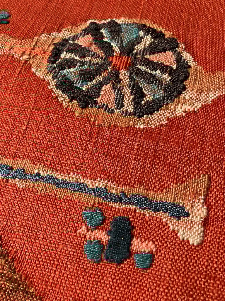 渡文】抽象模様 手織り真綿紬名古屋帯 朱赤［N089］ | kimono ulala