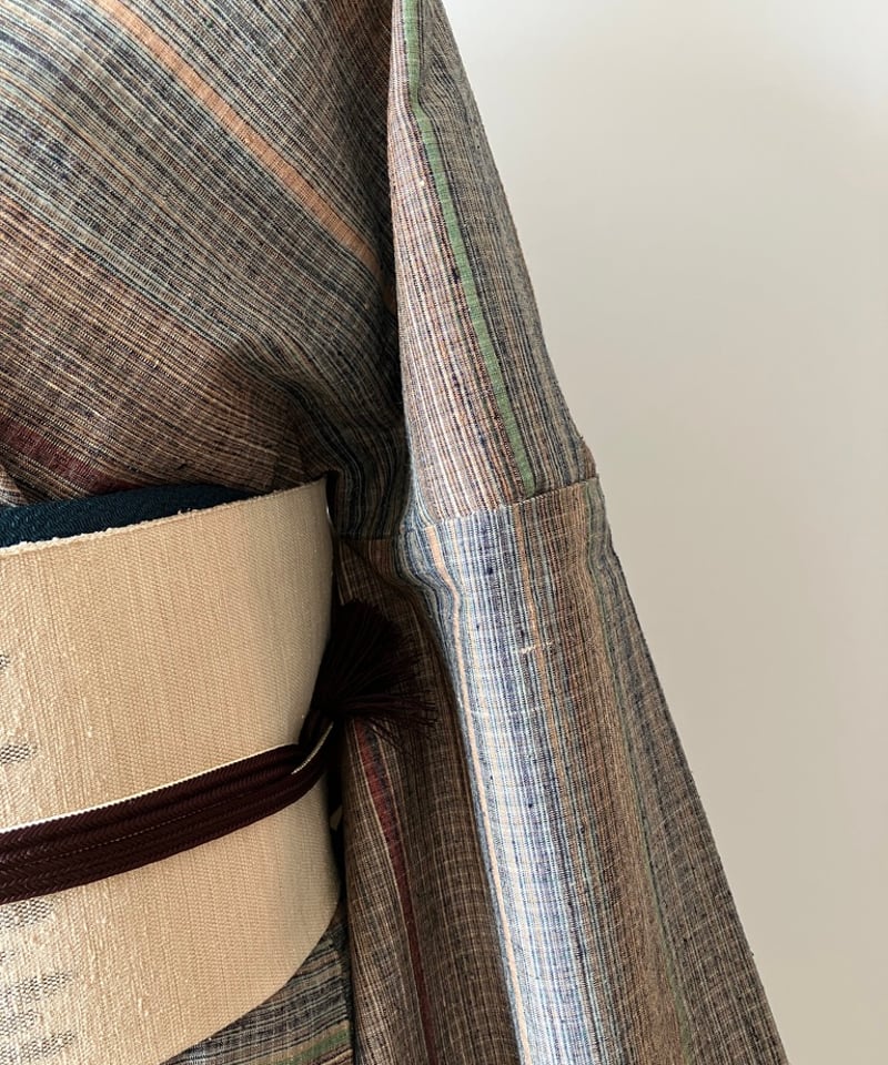 希少】郡上紬 着物 多色縞模様 正絹 手織り カジュアル普段着 サイズ