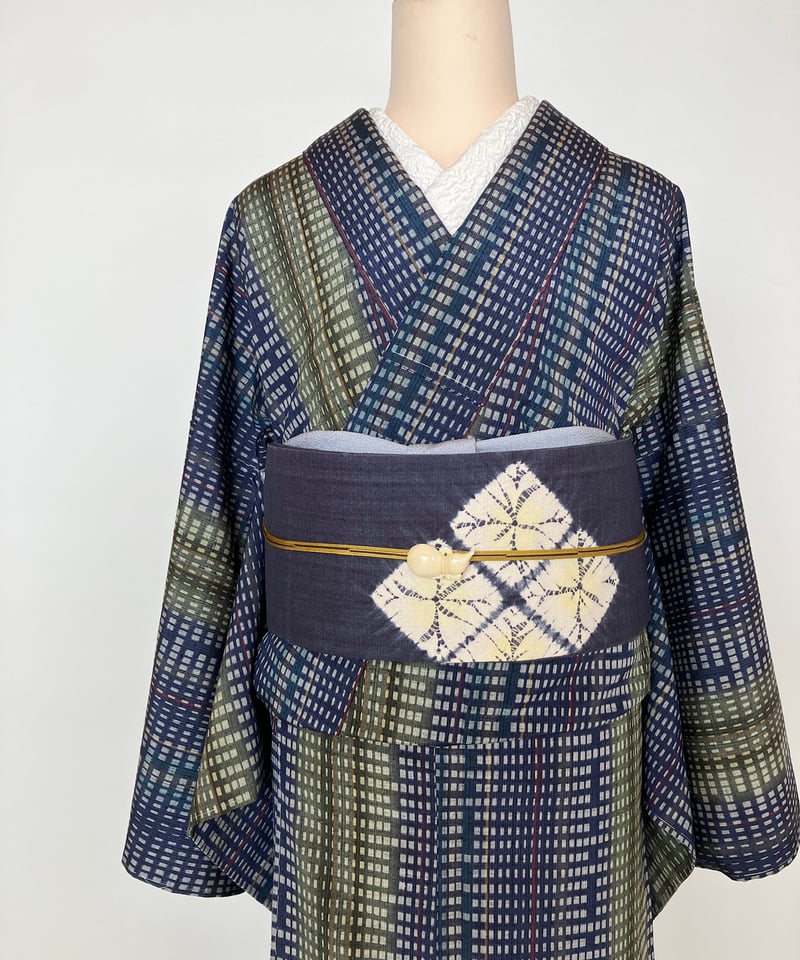紺×グリーン 格子柄 紬 着物 美品／裄70.5cm ゆったりサイズ［K196