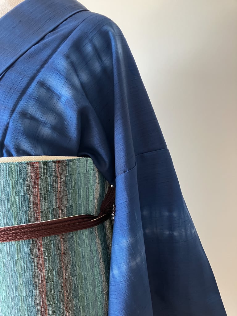 藍色 絞り縞模様 袷紬 正絹 大きめサイズ［K178］ | kimono ulala