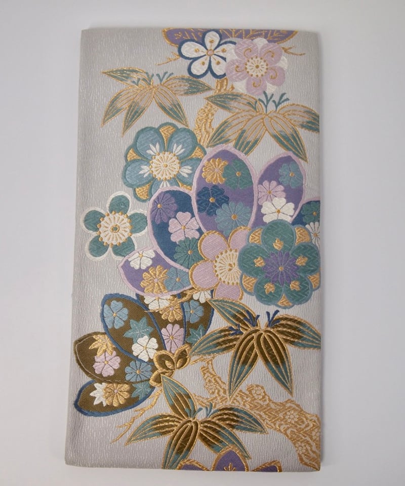 袋帯】 梅花文様 シルバーグレー地に金糸入り フォーマル帯［RO011