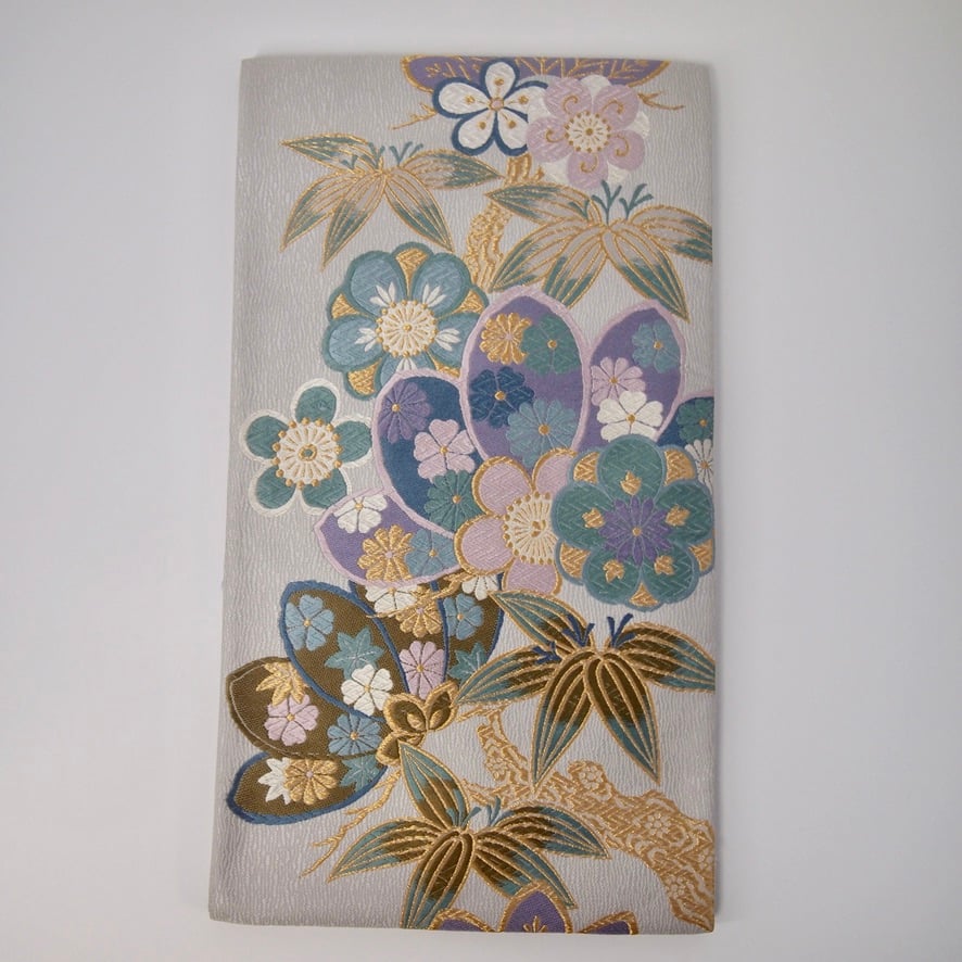 グレー色　花刺繍袋帯 袋帯】 梅花文様 シルバーグレー地に金糸入り フォーマル帯［RO011