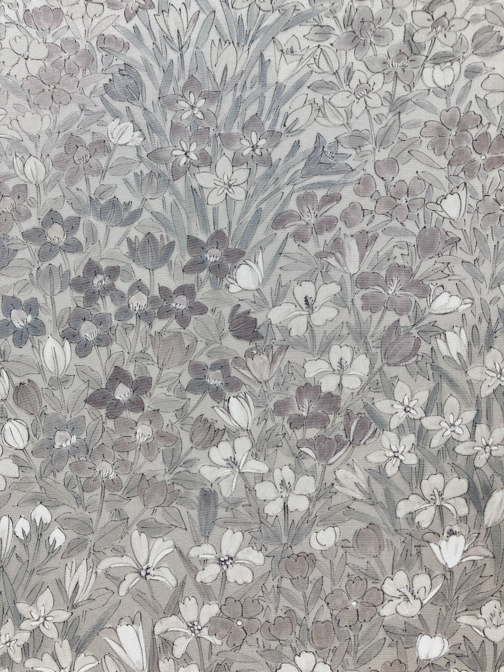 塩瀬 名古屋帯 グレー 花柄 手描き風 開き仕立て 上品［N095