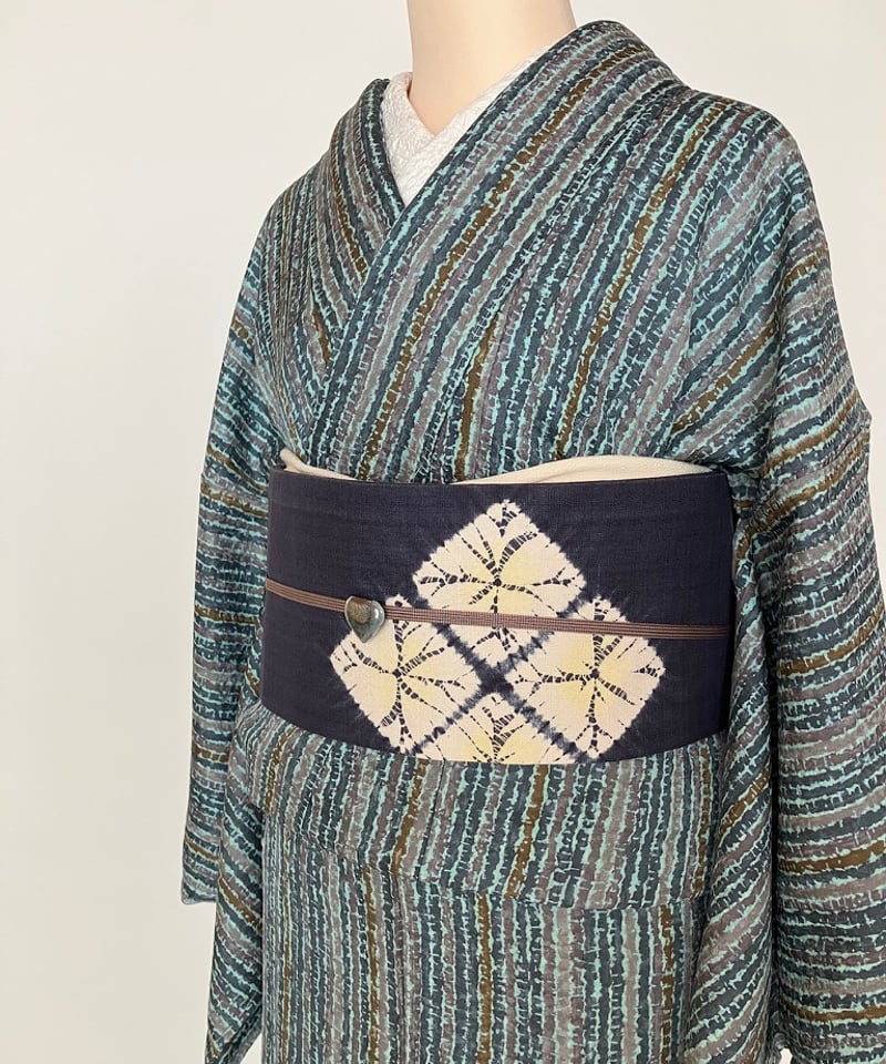 美品】泉織物 桐生絞り 名古屋帯 紫藍×白 モダン柄 正絹［N128