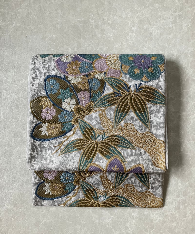 セミアンティーク　袋帯　唐織　梅花　リーフ模様　金糸　銀糸　着物　044a p セミアンティーク 袋帯 唐織 梅花 リーフ模様 金糸 銀糸 着物 044a p