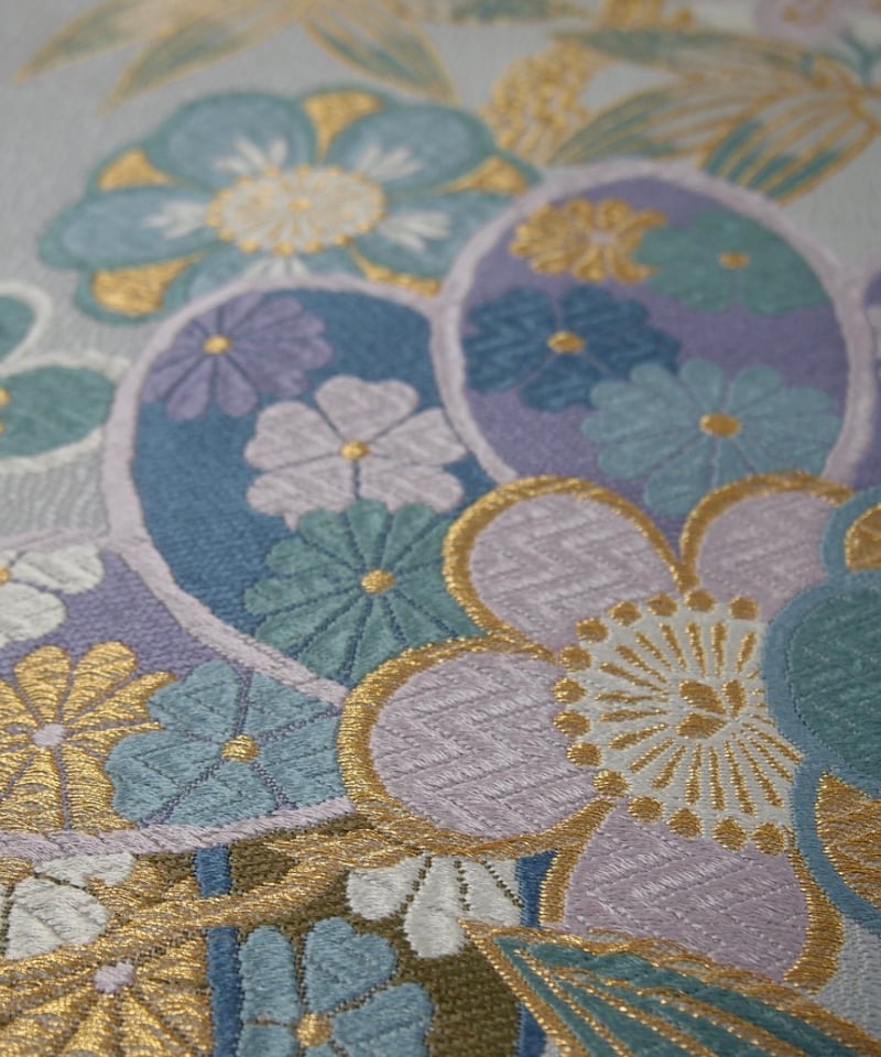 袋帯】 梅花文様 シルバーグレー地に金糸入り フォーマル帯［RO011