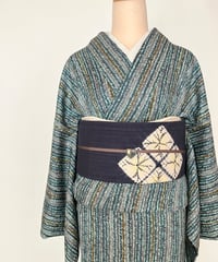藍色 絞り縞模様 袷紬 正絹 大きめサイズ［K178］ | kimono ulala