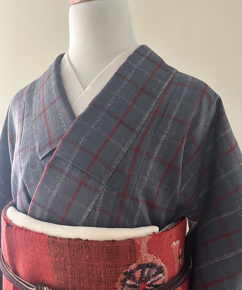 上田紬小紋格子模様着物001k
