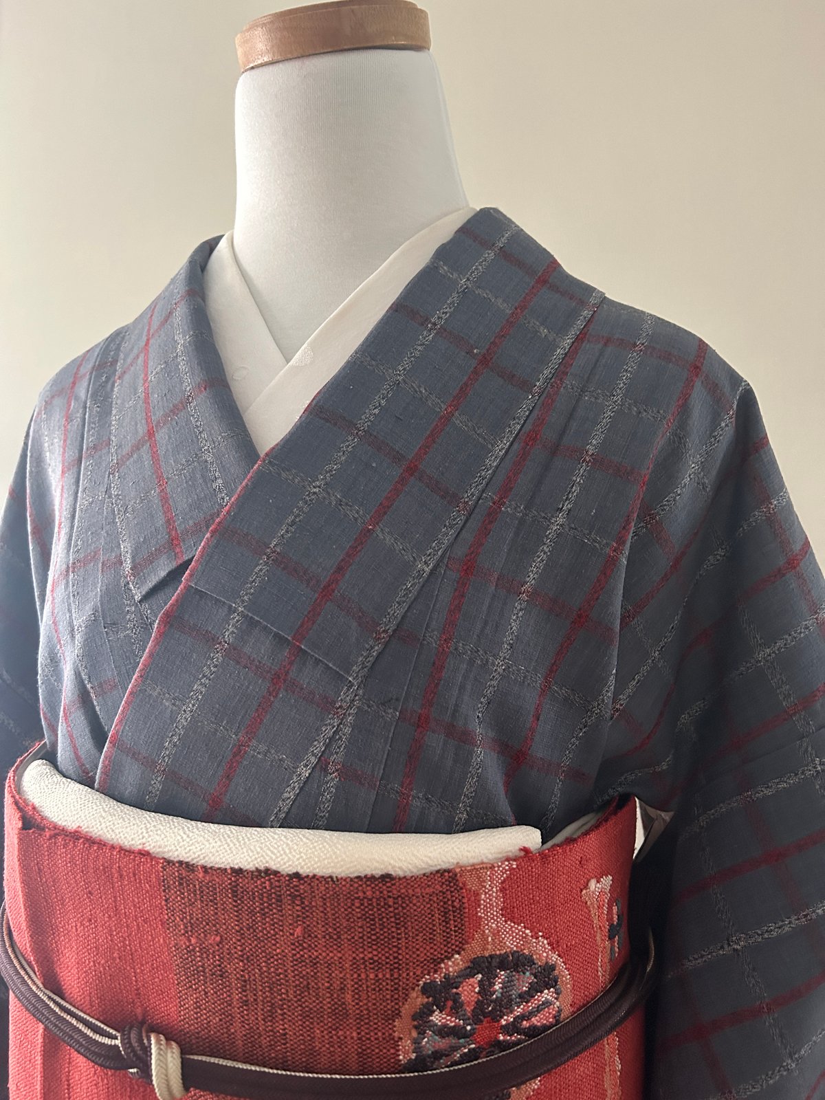 単衣 紬着物 格子柄 升目模様 錫色 K-4464