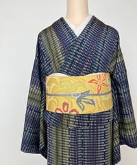 藍色 絞り縞模様 袷紬 正絹 大きめサイズ［K178］ | kimono ulala