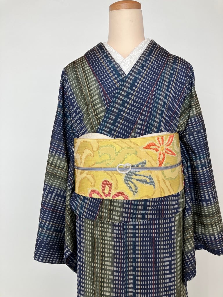 紺×グリーン 格子柄 紬 着物 美品／裄70.5cm ゆったりサイズ［K196
