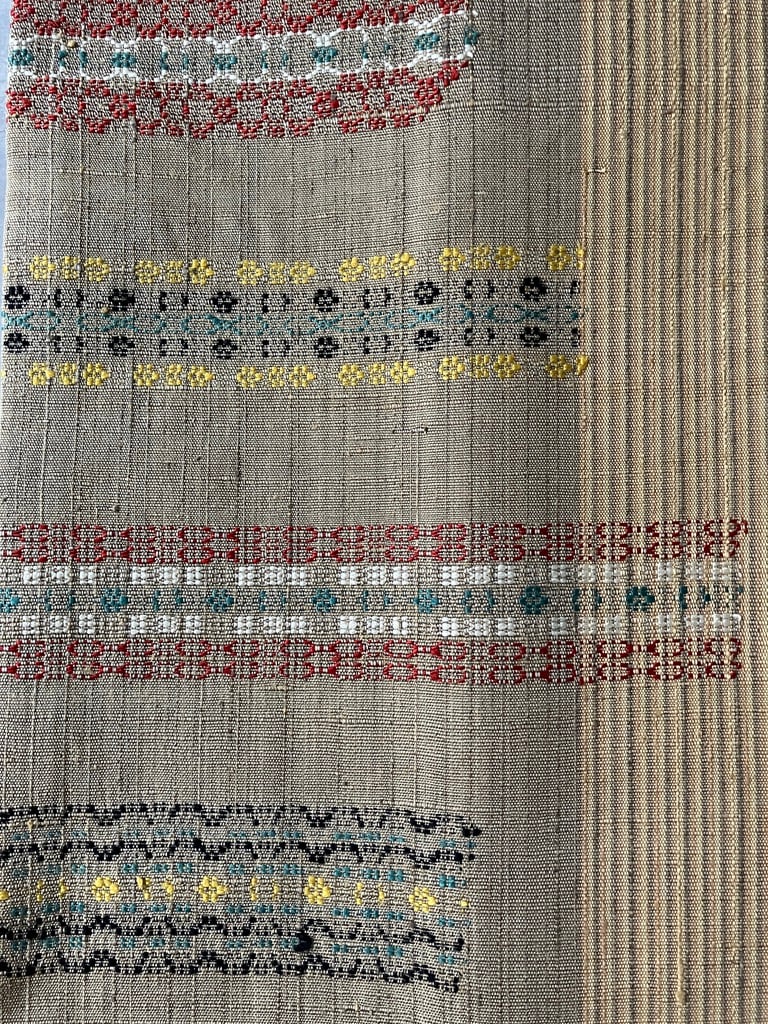 伝統工芸 伊那紬】名古屋帯 茶地×彩り横段文様 正絹手織り 希少な逸品