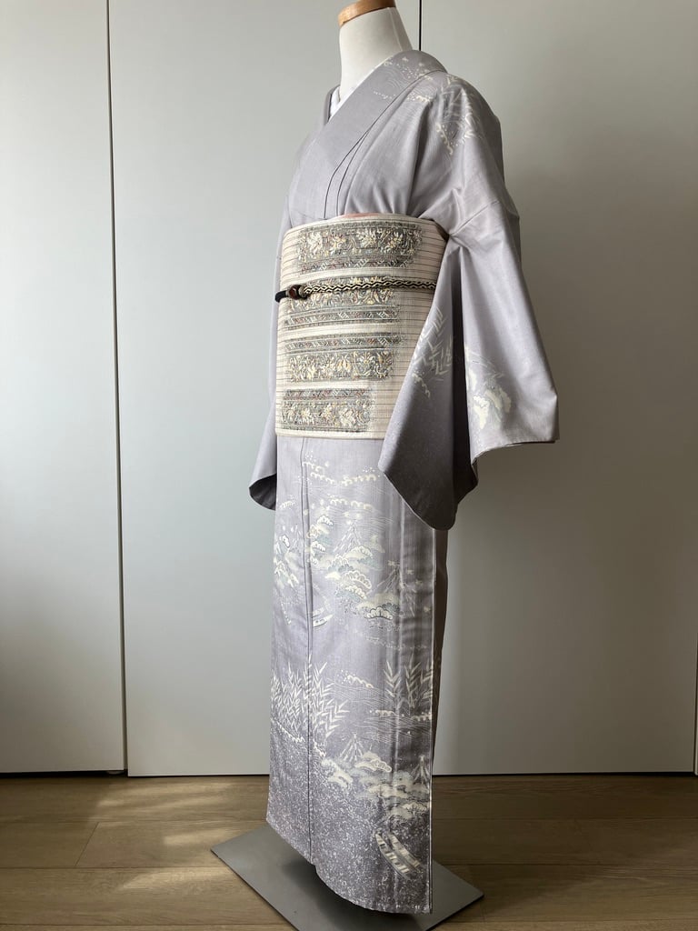 連休セール【着用1回美品】数量限定奥順別誂結城紬絵羽「きざし」 単衣訪問着】奥順 茶屋辻網浜蒔糊蝋結結城紬 一つ紋［K117