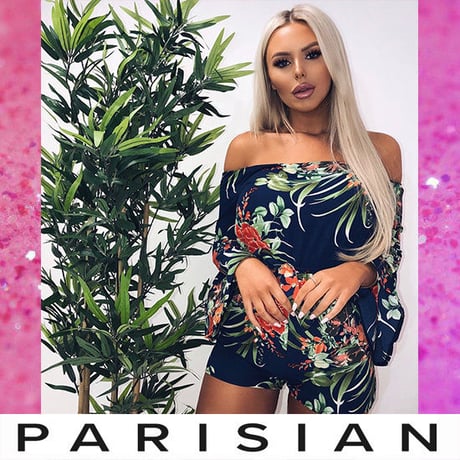 即納【Parisian】 トロピカルフレアオフショルダープレイスーツ