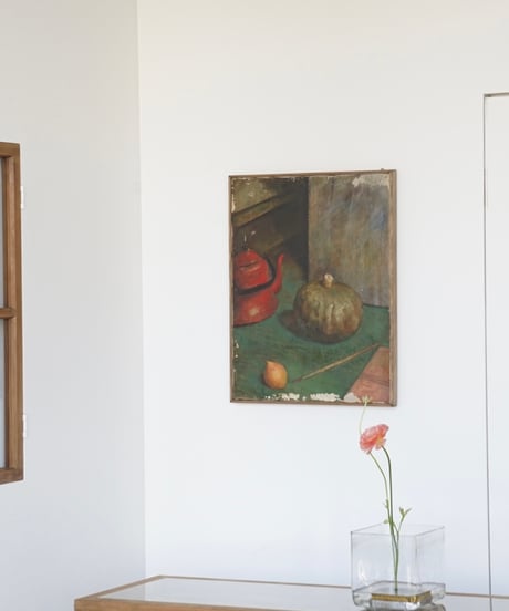 静物の絵画 / 琺瑯ケトルと南瓜と檸檬