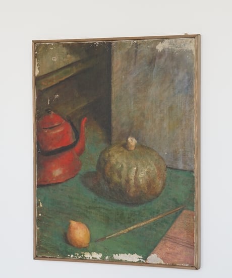 静物の絵画 / 琺瑯ケトルと南瓜と檸檬