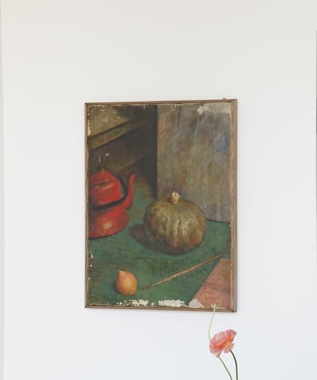 静物の絵画 / 琺瑯ケトルと南瓜と檸檬