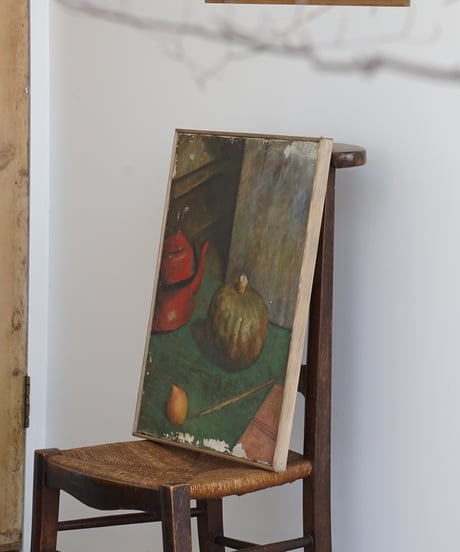 静物の絵画 / 琺瑯ケトルと南瓜と檸檬