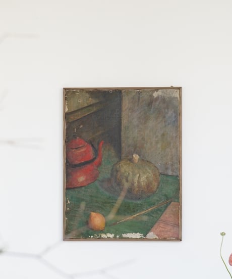静物の絵画 / 琺瑯ケトルと南瓜と檸檬