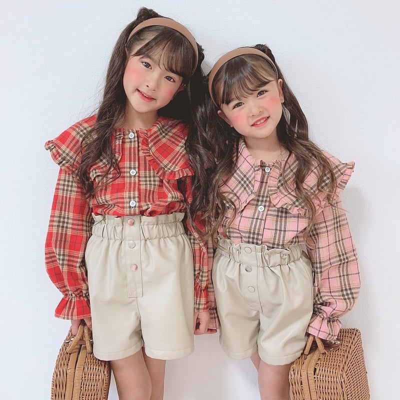 再入荷 kids【110-160】BIGフリル襟チェック柄シャツ【レッド