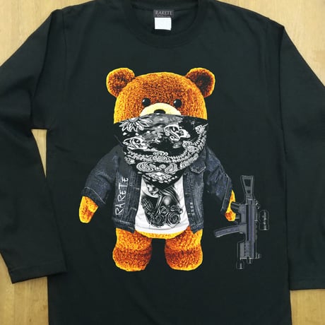 RARETE (ラルテ) テディベア ドクロ Tシャツ ブラック  長袖 Tシャツ 星柄 star（Bandana）