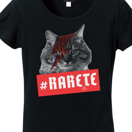 RARETE (ラルテ)   猫 デビットボウイ イナズマ  Tシャツ  ブラック  星柄 star (レディース）