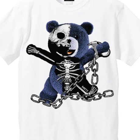RARETE (ラルテ)    テディベア ガイコツ 鎖 （紺色）   Tシャツ ホワイト