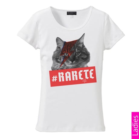 RARETE (ラルテ)   猫 デビットボウイ イナズマ  Tシャツ  ホワイト  星柄 star (レディース）