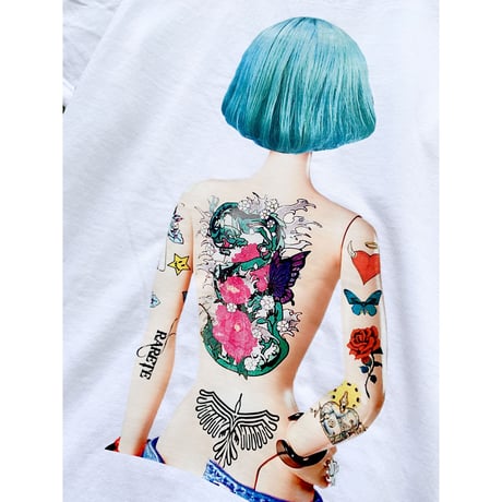 RARETE (ラルテ) 人形 後ろ姿 Tatoo  Tシャツ  ホワイト  星柄 star  バックプリント　ボックスロゴ